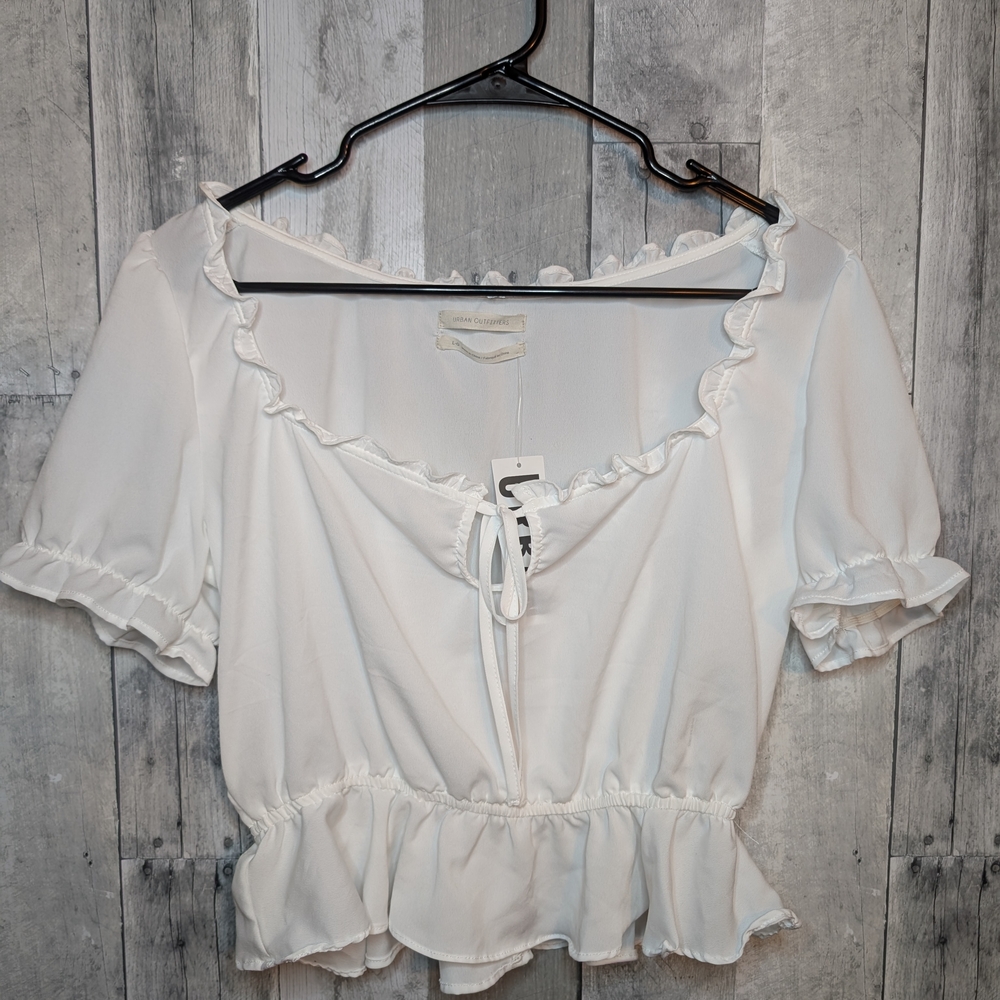 Urban Outfitters White Puff Sleeve Peplum Blouse - Picture 1 of 5